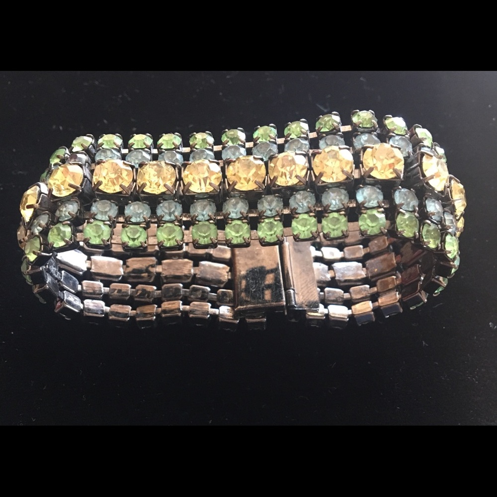 Rhinestone cuff bracelet 6 1/2”. Grn, blue, yellow